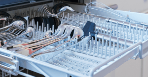 Dishes stacked in a Tesla dishwasher