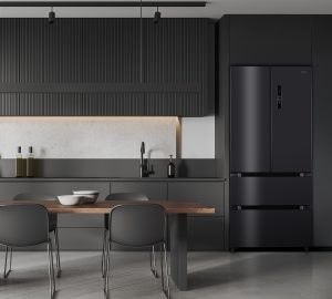black Tesla fridge in a modern kitchen