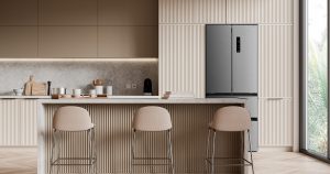 stainless steel Tesla fridge in a contemporary kitchen